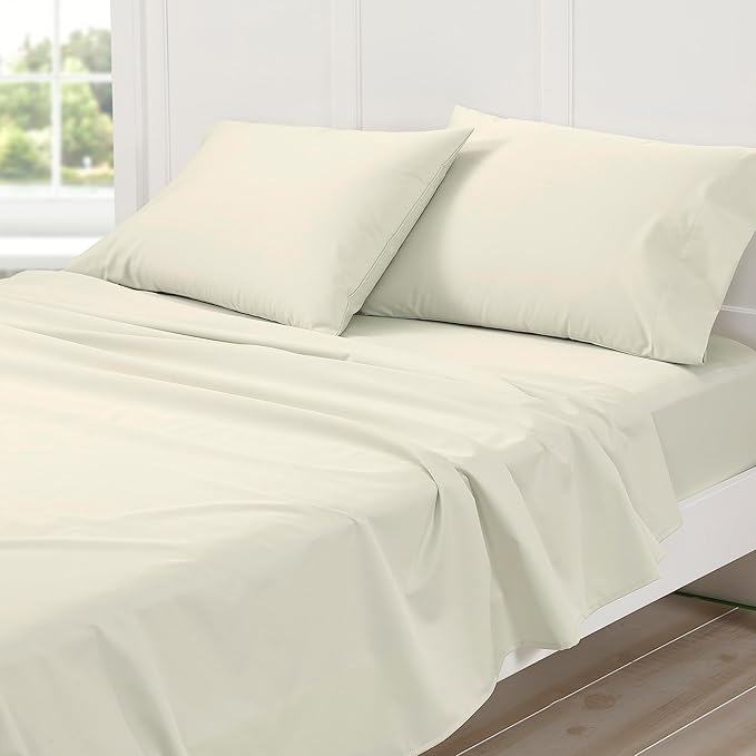 Cuddledown Dreamstead 100% Cotton Bed Sheets Set | 300 Thread Count | Luxurious Sateen Weave | Pure Combed Cotton | Soft | Wrinkle Resistant | 4 Piece Set | Birch | King | 78” x 80”