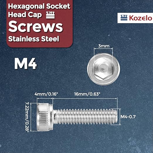 Kozelo 50pcs Socket Head Cap Screws - [M4-0.7 x 16mm] 304 Stainless Steel Allen Socket Drive for Electrical Motor 3D Printing Fan Engine Replacement Use, Silver