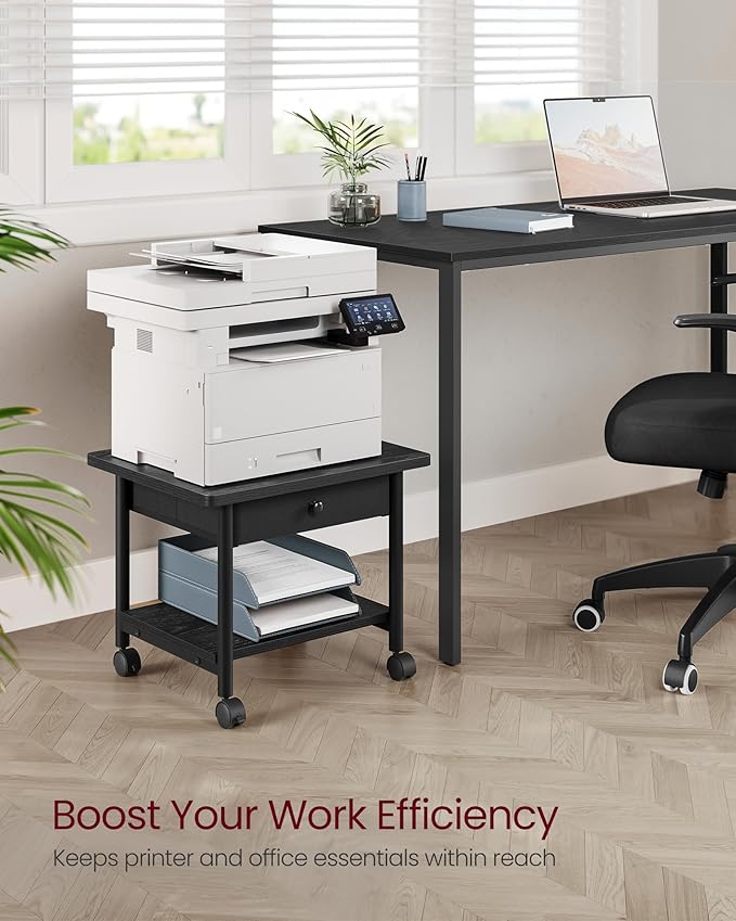 VASAGLE Heavy-Duty Printer Stand with Locking Wheels, 2-Tier with Drawer Industrial Mobile Cart with Storage Shelf, Printer Table for Home, Office, 15.6" Height, Ebony Black UOPS004B56