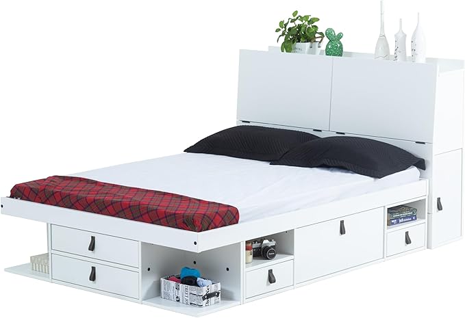 memomad Bali Set: Storage Platform Bed with Drawers + Bookcase Headboard (Queen Size, White Wood)
