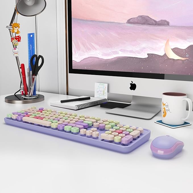 Wireless Typewriter Keyboard and Mouse - Wireless Keyboard with Silent Mouse, Cute Retro Keyboard Mouse Combo, 2.4G USB Computer Keyboard and Mouse for Windows Laptop/Desktop/PC(Purple)