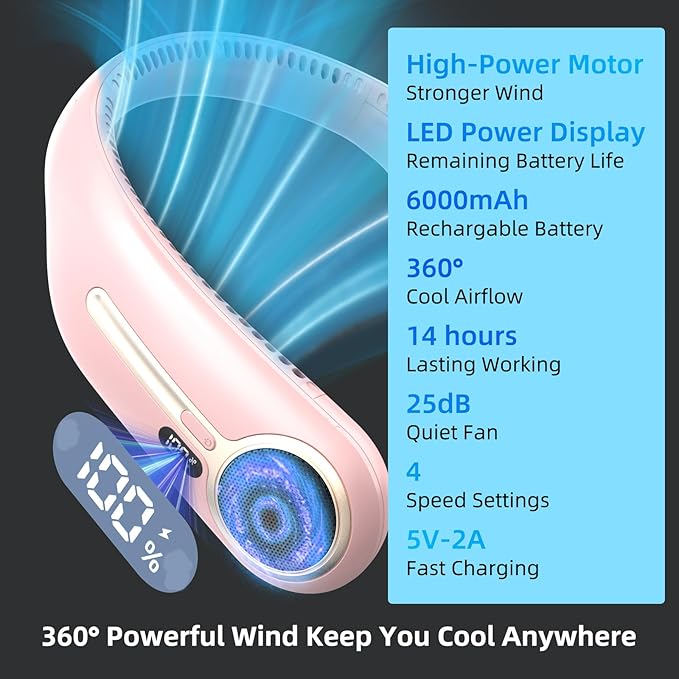 Portable Neck Fan,Hands Free Personal Wearable Bladeless Fan,6000mAh USB Rechargeable,360° Cooling,LED Display,4-Speeds,Birthday Gifts for Men Women Dad Mom,Valentines Day Gifts for Her Him (Pink)
