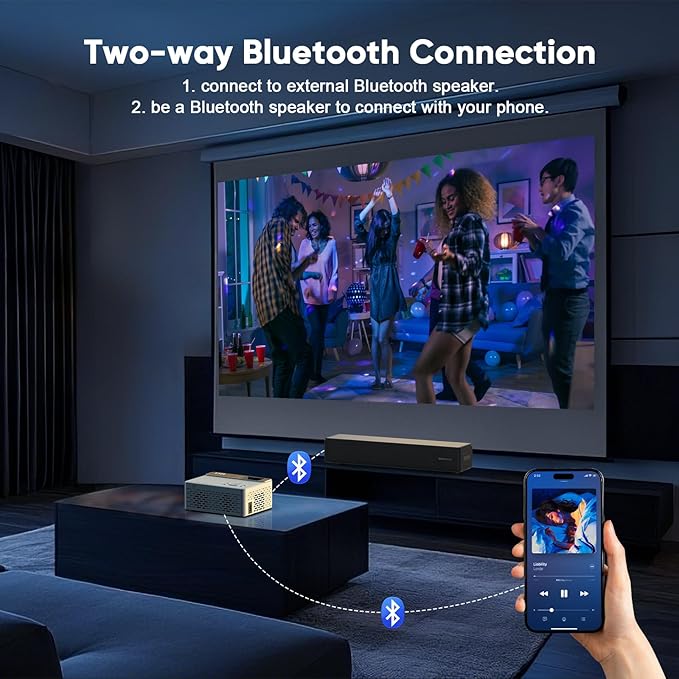 TMY 1080P Full HD Portable Mini Projector, Upgraded Bluetooth Movie Projector with Screen, Compatible with TV Stick Smartphone/HDMI/USB, Indoor & Outdoor Use