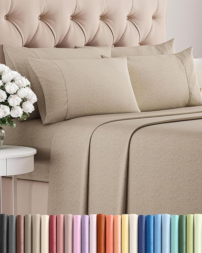 King 6 Piece Sheet Set - Cooling & Breathable - Hotel Luxury Bedding, Includes Fitted Sheet for Women, Men, Kids & Teens - 1 Flat, 1 Fitted Sheet, 4 Pillowcases w/Deep Pockets - Heathered Beige