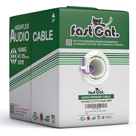 fast Cat. Speaker Wire 16 Guage 4C, UL Listed & CMR/CL3R-FT4 Rated - Speaker Cable w/PVC Jacket, 100% Oxygen-Free Pure Bare Copper - (65) HighFlex 16 Guage Wire - in-Wall Use-500ft Bulk Cable, Purple