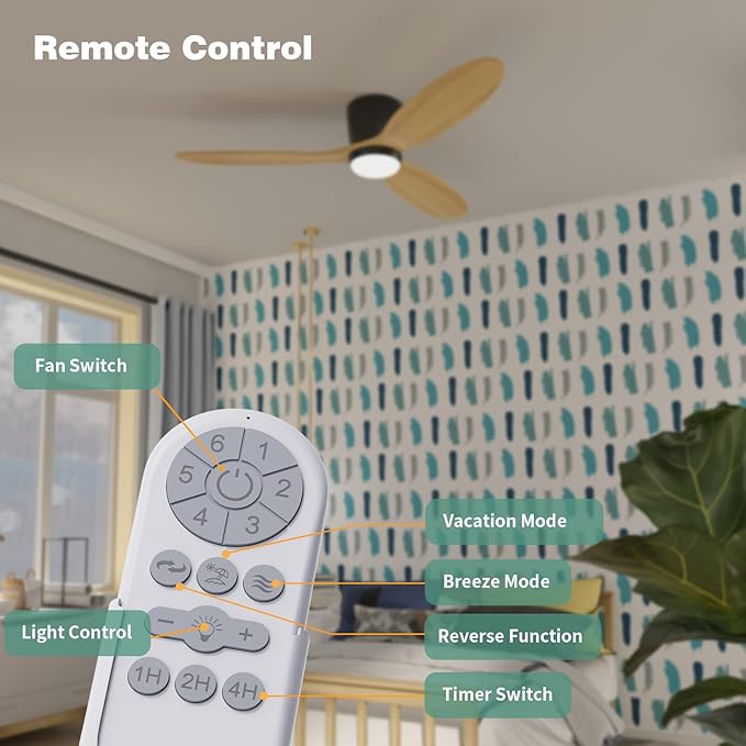 OUATER Flush Mount Ceiling Fan with Light, 52 inch Low Profile Ceiling Fans with Remote for Outdoor/Patios, 3 Color Light, 6 Speed, DC Motor, Wood and Modern Matte Black, DOE Certified
