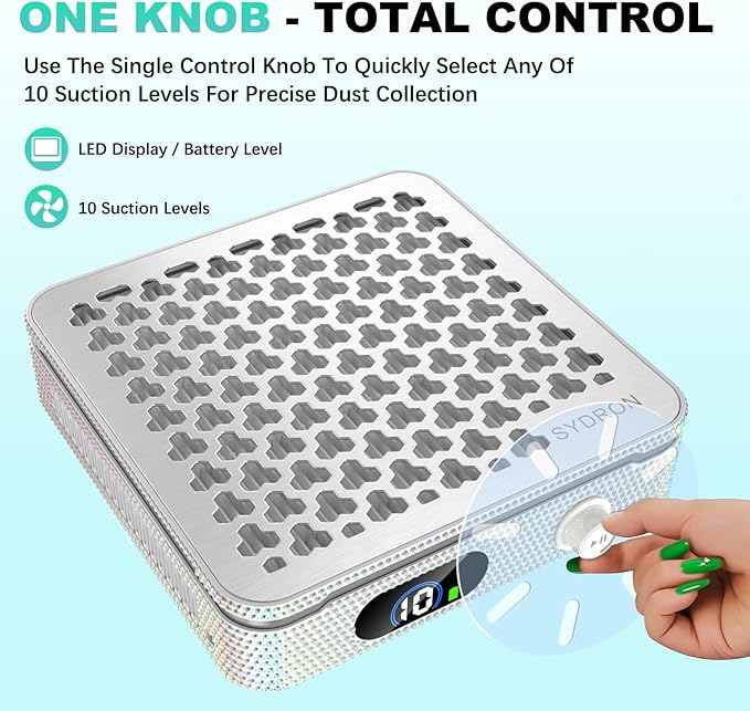 Nail Dust Collector | 1000PA Nail Vacuum Dust Collector | 10 Speed Levels | Low Noise & Strong Suction | Reusable Filter, 10 Pads + Nail Dust Brush| for Acrylic Nails, Salon & Home -White Diamond
