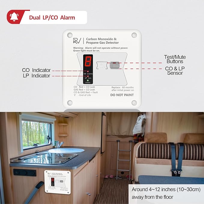 RV Carbon Monoxide and Propane Detector, 2 in 1 Dual CO/LP Gas Alarm,Replace The Old 31011,100dB Loud Alarm,12V DC for Motorhome Travel Trailer, Motor Coach, Truck Camper (R503 Flush Mount-White)