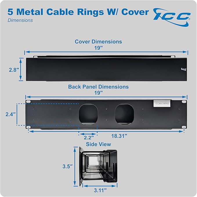 ICC 2U Ring Cable Manager Panel with Cover, Metal, 3" D-Rings, Horizontal Cable Management, Rackmount for 19” Network Racks, Black, Single Pack