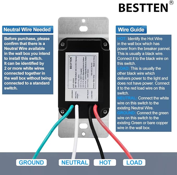 BESTTEN 10 Pack Motion Sensor Light Switch, Single Pole PIR Sensor Wall Switch, Occupancy & Vacancy Modes, 120V/277VAC, 60Hz, 1/6HP, Neutral Wire Required, Wall Plate Included, UL Listed, White