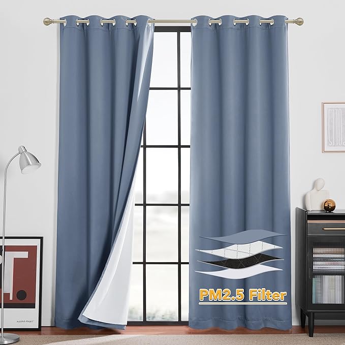 RYB HOME Soundproof & Dust Particle Filtering Curtains Blackout Window Treatment for Bedroom Living Room Divider Nursery Daytime Sleeping Patio Door, Stone Blue, W52 x L 102 inch, 2 Panels