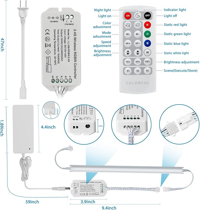 Kitchen Under Cabinet LED Light. RGBW. Color Change & Super Bright Cool White Light. Remote with Dimming. 6 LED Light Bars with Power Adapter, Extension Cable. Plug in. Easy to Install. RGB + 4000K.
