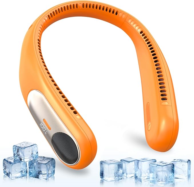 Portable Neck Fan,Personal Wearable Bladeless Fan,LED Display,4-Speeds,6000mAh USB Rechargeable,360° Strong Cooling Wind,Hands Free,White Elephant Gift,Christmas Gifts for Men Women Dad Mom (Orange)