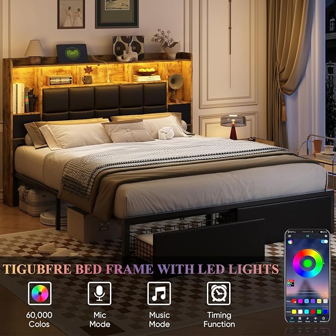 LED Bed Frame Full Size with Bookshelf PU Leather Headboard, 2 Hidden Storage Drawers, Upholstered Platform Bed with Charging Station, Metal Slats Support, Noise Free, No Box Spring Needed