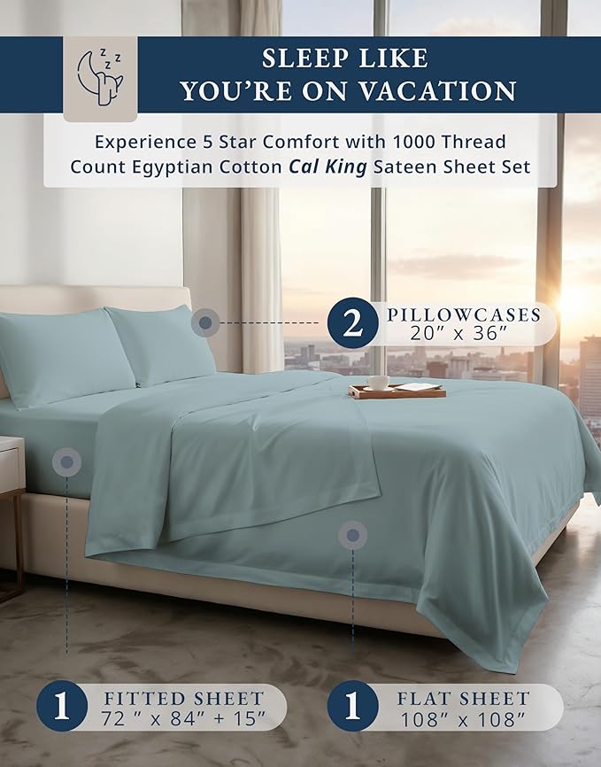 LANE LINEN Ultra Soft California King Sheets Set - 1000 Thread Count, 100% Egyptian Cotton Fully Elasticized with French Seam on Fitted Hotel Like Thick Luxury Cal King Bed Sheets- French Blue