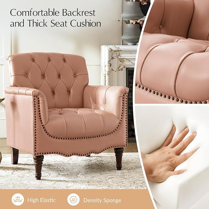 HULALA HOME Mid Century Modern Leather Club Chairs Set of 2, Top-Grain Genuine Leather Armchairs with Button-Tufted Back & Solid Wood Legs, Accent Chairs for Living Room/Bedroom/Home Office, Pink