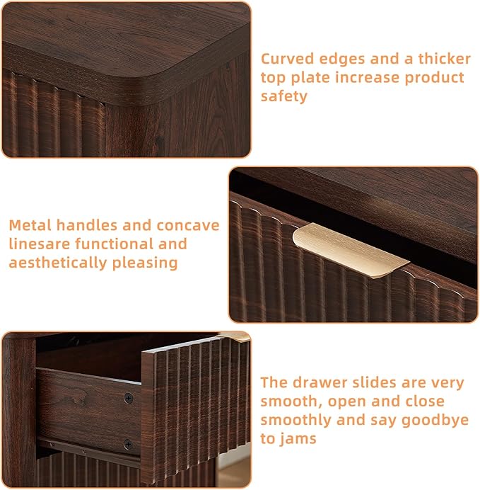 LEYAOYAO Fluted Farmhouse Nightstand Set of 2 with Charging Station, 23" Wide 3 Drawers Night Stand,Walnut Dresser for Bedroom,Bed Side Table Chest of Drawers,Wood End Table for Living Room