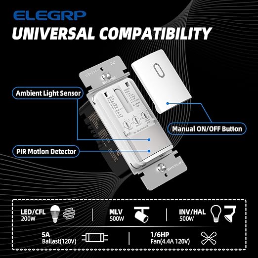 ELEGRP Matte White Single Pole Occupancy Motion Sensor Light Switch, Need Neutral Wire, 120° Sensor Coverage PIR Infrared Motion Activated, for CFL/LED/MLV/INC/HAL/Fan, UL,1 Pack
