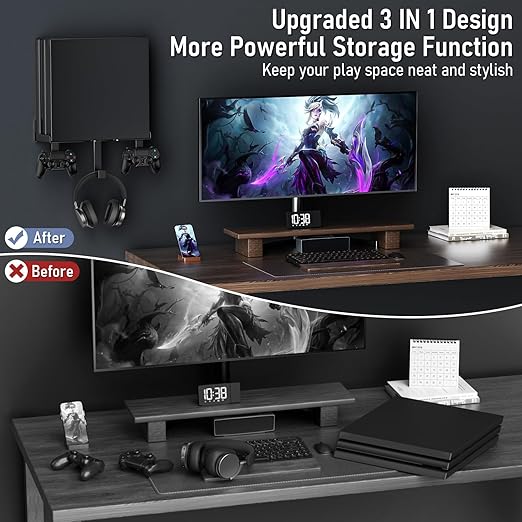 Wall Mount for PS4 Pro with Detachable 2 Controller Holder & Headphone Hanger Metal Wall Mount Stand Kit Mount on The Wall Or on The Back Of The TV, Compatible with PS4 Pro