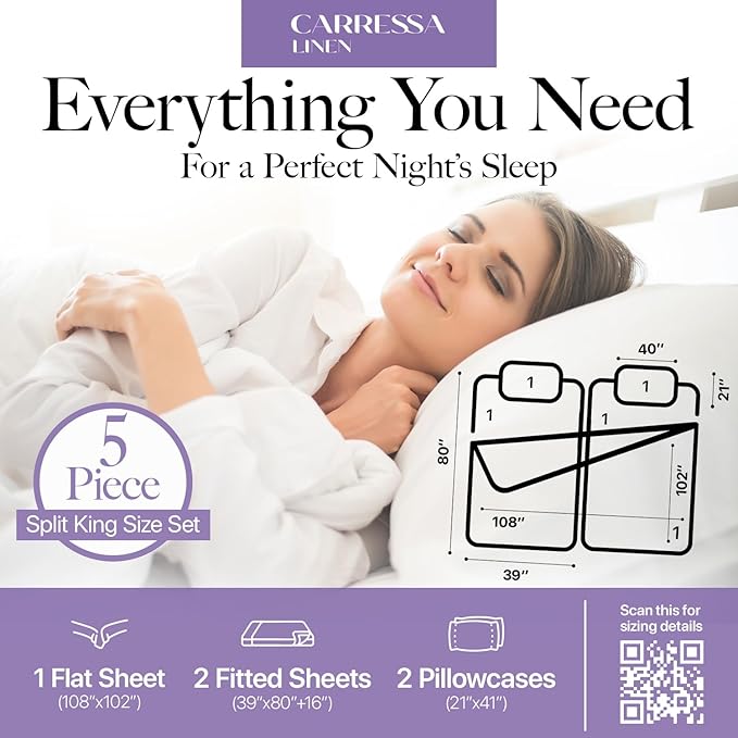 Carressa Linen 100% Egyptian Cotton Split King Sheets Sets for Adjustable Bed - 600 Thread Count 5 PC White Top Split King Sheets, 16" Deep Pocket Soft Cooling Sheets for Split King Adjustable Bed