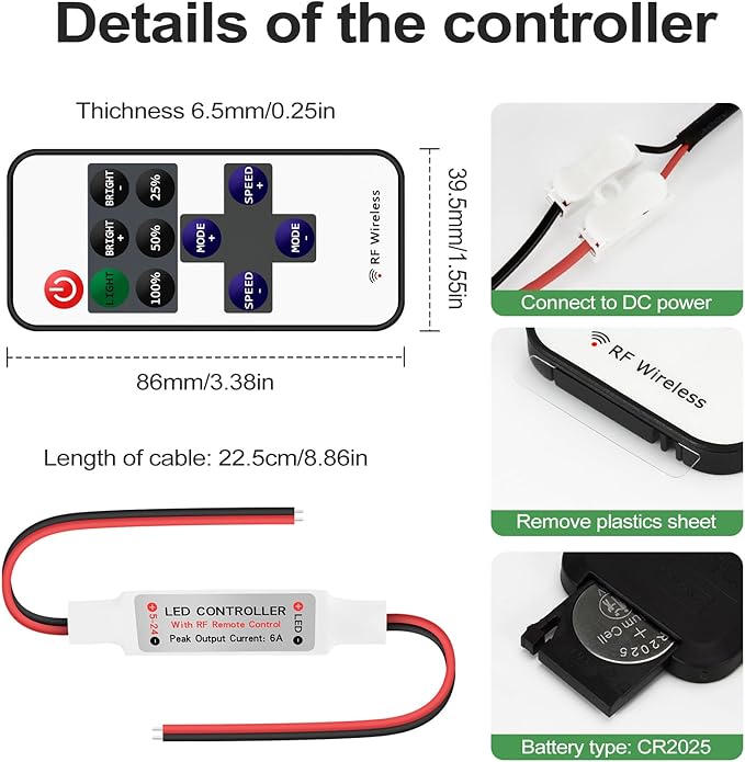 RGBZONE 2 Pack RF Wireless Remote Controller, DC5V-DC24V Single Color 5050 3528 5630 LED Strip Lights, Dimmer Controller Brightness & Effect Mode, RF Wireless Remote Control