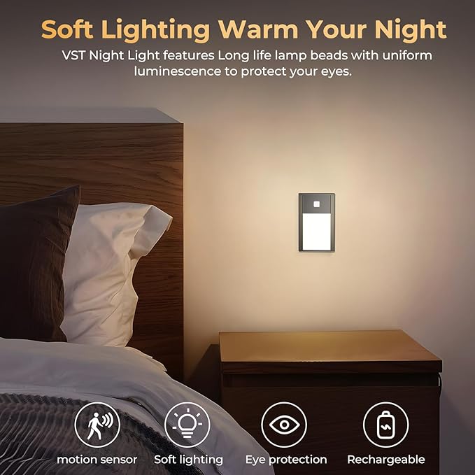 VST Motion Sensor Step Night Light, Rechargeable Battery Powered Led Light with Magnetic Suck Installation for Bedroom Hallway Stair Nursery Kids Room (2.68 inch 3000K 6Pack Black)