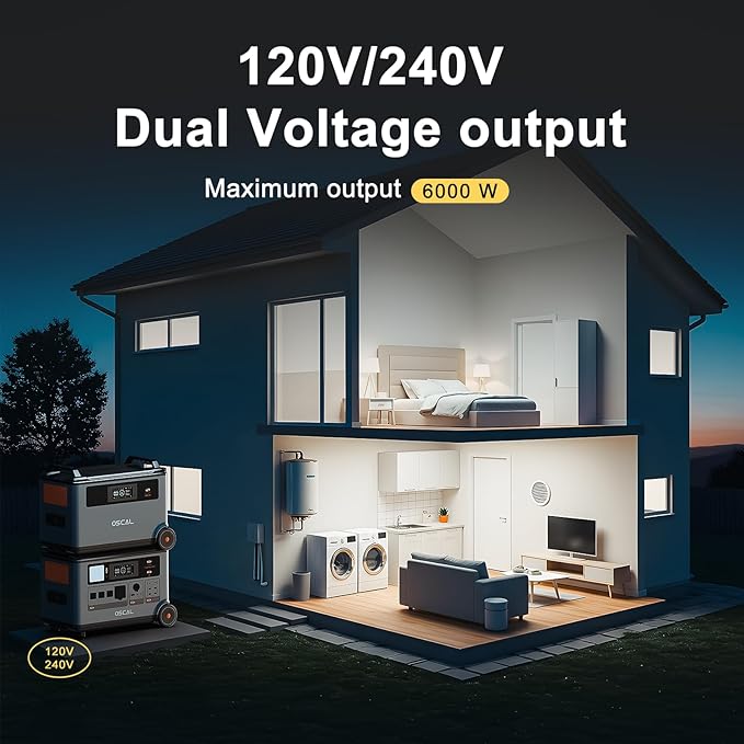 OSCAL PowerMax 6000 Solar Generator with 4x400W Solar Panel, 120V/240V Portable Power Station 6000W AC Outlets (9000W Peak), 2200W AC Charging/2400W PV Charging for Home, Emergency