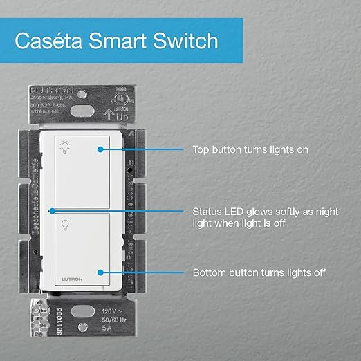 Lutron Caseta Original Smart Light Switch 5 Pack (Lutron Smart Hub Required), for Home, LED Lights, and Fans, 6 Amp, Single-Pole/3-Way, Neutral Required, PD-6ANS-WH, White