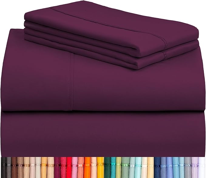 LuxClub 4 PC Full Sheet Set, Deep Pockets Wrinkle Free Cooling Bed Sheets Hotel Bedding for Women, Men, Kids & Teens, Includes 1 Fitted Sheet, 1 Flat Sheet and 2 Pillowcases-Soft Eggplant