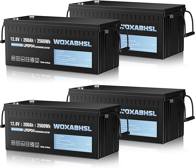 WOXABHSL 4 PCS 12V 200Ah LiFePO4 Lithium Battery, Built-in 200A BMS, 15000+ Deep Cycles, Max 2560W Power Output, FCC UL Certificates, Perfect for RV, Solar, Marine