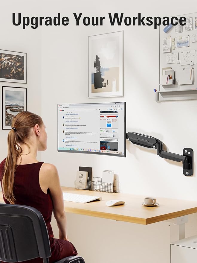 DreamAxis Single Monitor Wall Mount for 13-32" Computer Screens, Gas Spring Monitor Arm Holds Up to 19.8 lbs, Full Motion Height Adjustable Wall Bracket, 75x75/100x100mm VESA Mount, XD7001