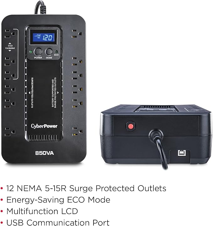 CyberPower EC850LCD Ecologic UPS Battery Backup and Surge Protector, 850VA/510W, 12 Outlets, ECO Mode, Compact, UL Certified