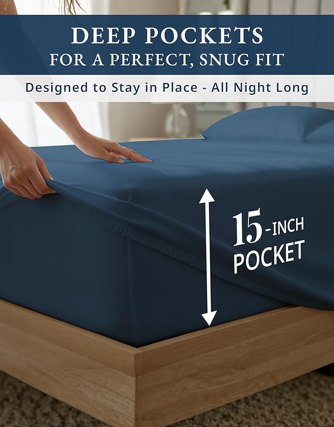 LANE LINEN 100% Cotton Split King Sheets for Adjustable Beds - 1000 Thread Count, Long Staple Mercerized Bedding Sheets, Luxury Hotel Like Thick 15" Deep Pocket Reinforced French Seams - Estate Blue