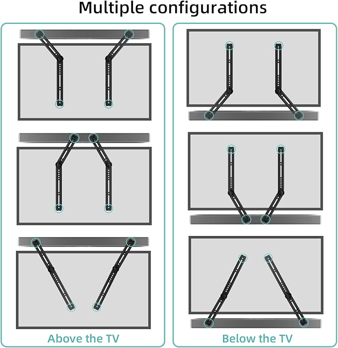 HCMOUNTING Soundbar Mount Bracket, Sound Bar Mounts Under TV or Above TV Fits Most Sound Bars Up to 20 Lbs, Soundbar TV Mount with 180° Adjustable Extension Plates and L-Shaped Hooks