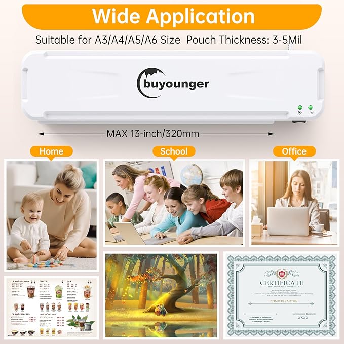 Buyounger Laminator Machine, A3 Laminator Machine with 30 Laminating Sheets, 13 Inch Laminating Machine with Fast Warm-up for A3/A4/A5/A6, Thermal and Cold 11X17 for Home School Office