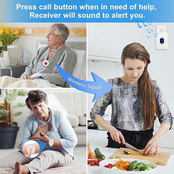 Daytech Caregiver Pager Call Button for Elderly at Home Nurse Alert System for Seniors Patient 2 Receiver 3 Panic Emergency Button