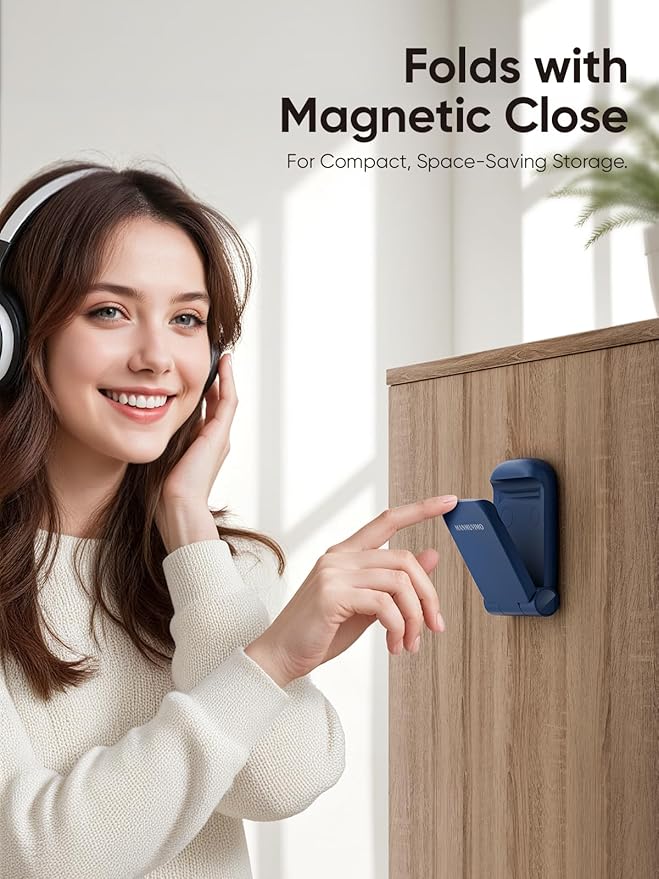 MAMUVIMO Headphone Stand, Headset Stand Foldable ＆ Sticky, Headphone Holder Hook Mount with Non-Slip Silicone, Adhesive Earphone Desk Hanger Clip Space-Saving for Airpods Max, All Earphones- Blue