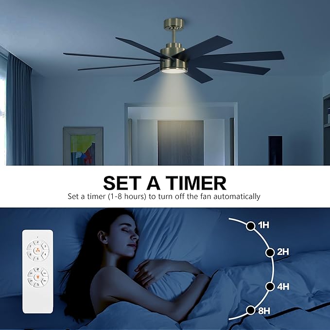 WINGBO 72" Large DC Ceiling Fans with Lights and Remote, 3 Downrods, 8 Plywood Blades, 6-Speeds Reversible DC Motor, 3CCT, Indoor Ceiling Fan for Bedroom Living Room Patio, Brass and Black
