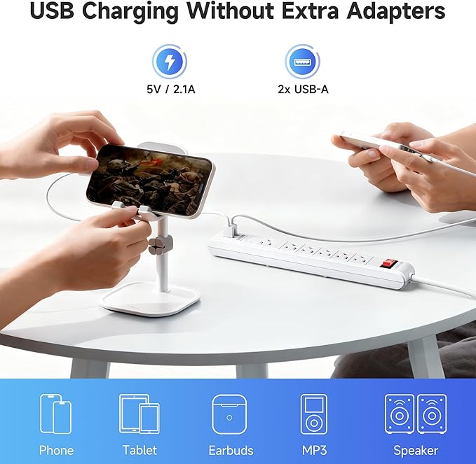 [ETL Listed] Cable Matters 2-Pack 6-Outlet Surge Protector Power Strip with USB Ports - 8ft, Long Extension Cord, Surge Protector with USB Ports, White