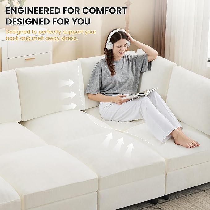 116'' Modular Sectional Cloud Sofa Bed, 8-Seater Convertible Sofa Couch with Ottoman, Modern Deep Seat Sleeper Sofa for Living Room, Chenille Beige