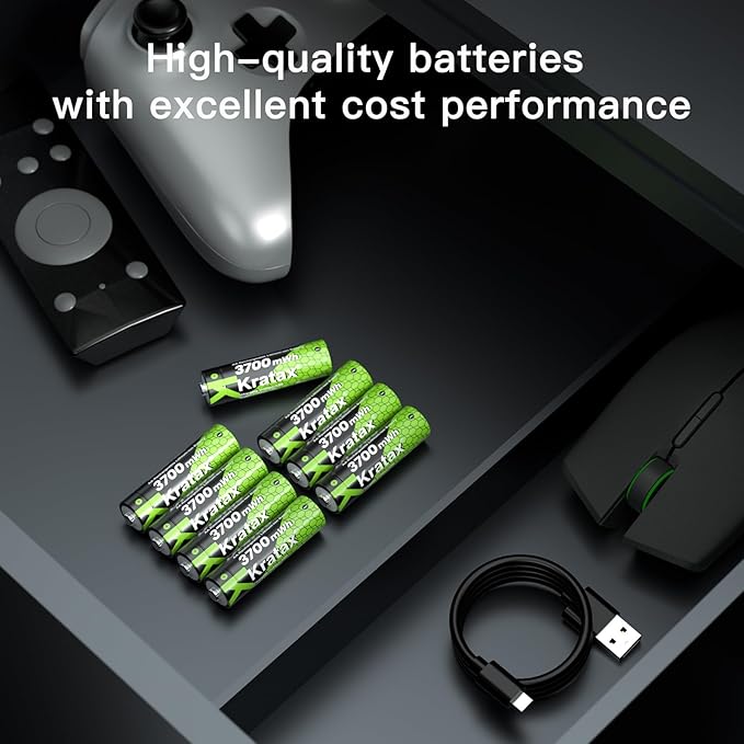 Kratax 8 Count AA Rechargeable Lithium Batteries 3700mWh High Capacity Double A li-ion Batteries 1.5v, Long Lasting AA Lithium Battery Rechargeable for Remote Control, Office Appliances