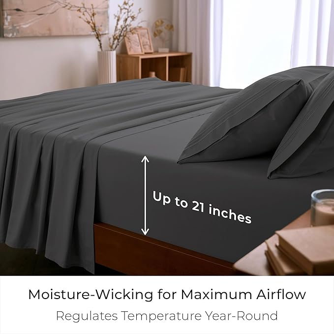 Mellanni California King Sheet Set - 6-Piece Iconic Collection Bedding, (Including 4 Pillowcases), 21-Inch Extra Deep Pocket, Easy Care, Ultra Soft, Cooling Sheets, Brushed Microfiber - Gray