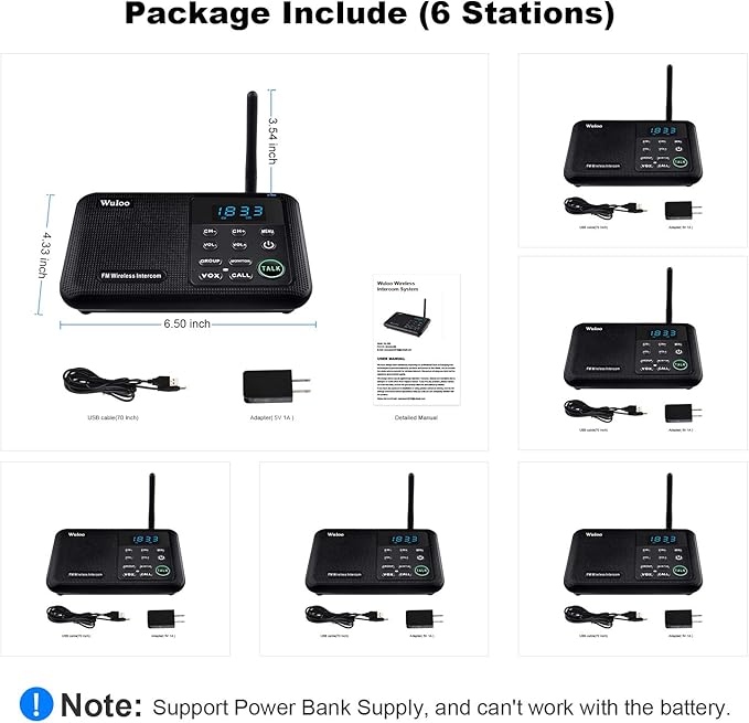 Wuloo Intercoms Wireless for Home 1 Mile Range 22 Channel 100 Digital Code Display Screen, Wireless Intercom System for Home House Business Office, Room to Room Intercom Communication (6 Packs, Black)
