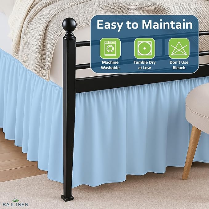 Rajlinen Ruffled Bed Skirt Full XL, 24 Inch Drop Dust Ruffle with Split Corners, 100% Microfiber Bedskirt with Platform, Three-Sided Coverage Ruffled Gathering Design, Light Blue