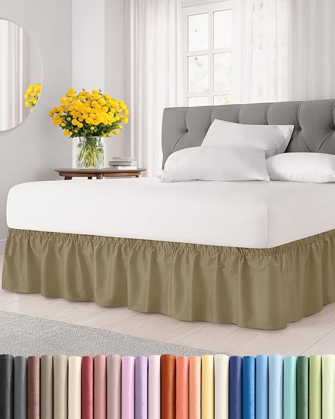 Wrap Around Dust Ruffle Bed Skirt - Khaki - for Full Size Beds w/ 12 Inch Drop - Easy Fit Elastic Strap - Adjustable Pleated Bedskirt w/Brushed Fabric - Wrinkle Free - for Women, Men, Kids & Teens