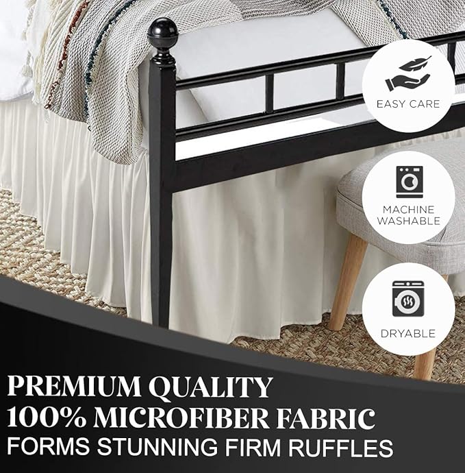 Ruffled Bed Skirt with Split Corners, Ivory, Queen 18 Inch Drop Bedskirt, Hotel Quality Brushed Microfiber Wrinkle Free Dust Ruffle Bed Skirt Queen Size