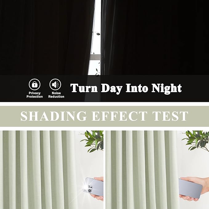 Vision Home Light Green Linen Full Blackout Curtains for Bedroom Living Room Darkening Energy Efficient Window Panels 72 inch Thermal Insulated Rod Pocket Back Tab Linen Drapes 56" Wx72 Lx2