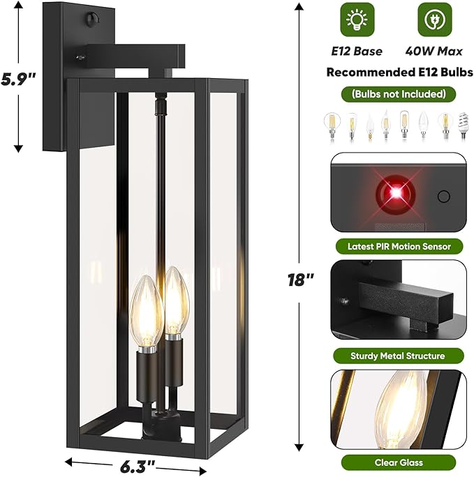 2-Pack Upgraded Motion Sensor Outdoor Wall Lights, 18” Large Dusk to Dawn Porch Lights Outdoor Wall Sconce Lantern, 3 Lighting Modes Exterior Lighting Fixtures, Black Outside Lights for House Garage