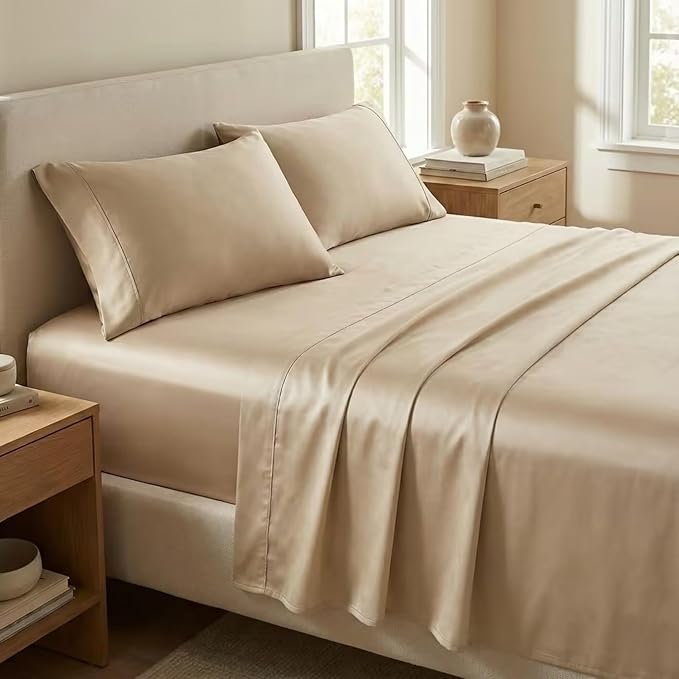 Beckham Hotel Collection Cal King Sheet Set 100% Cotton, 500TC Luxury Sateen Bedding, 16” Deep Pocket, Moisture-Wicking, 4-Piece, Sand