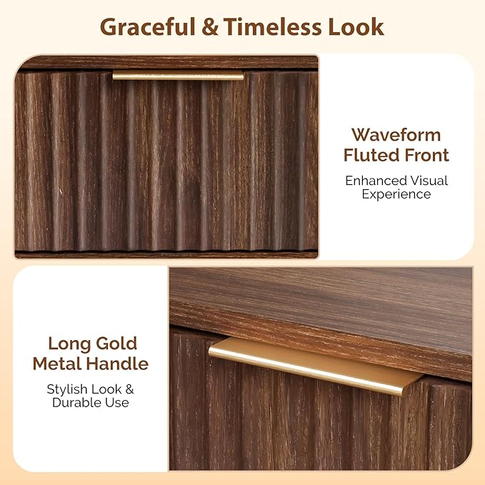 VINGLI Fluted Nightstand with Drawer, 19" W Mid Century Modern Nightstand for Bedroom, Bedside Table, End Tables Bedroom, Wood Night Stand, Walnut, 18.9" W*14.96" D*24" H